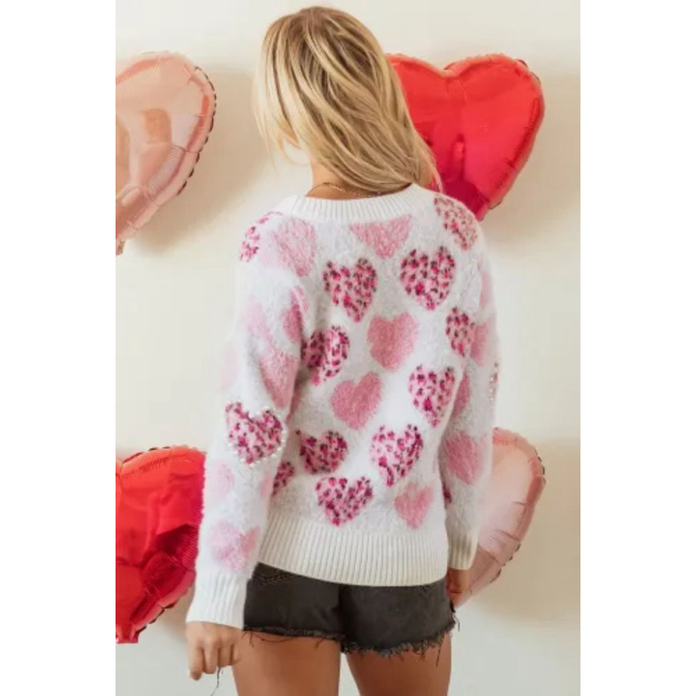 Pink and White Leopard Print Heart Pattern Women's Sweater Size Large NWOT - Picture 2 of 15